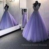 Gorgeous V Neck Beaded Purple Tulle Long Semi Formal Prom Dresses, V Neck Purple Formal Evening Dresses, Purple Ball Gown